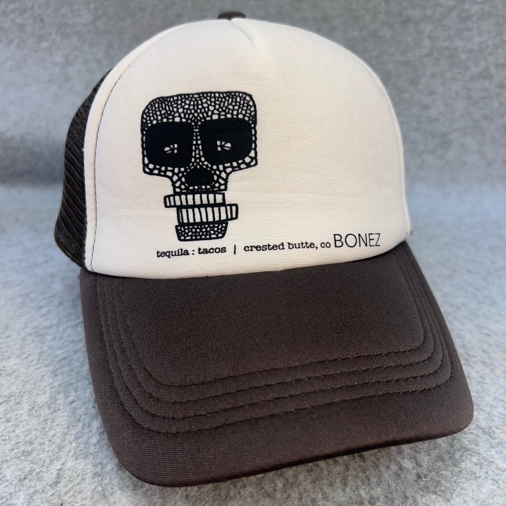 Skull Graphic Mens Brown Bonez Trucker Hat Crested Butte Tequila Tacos OSFM